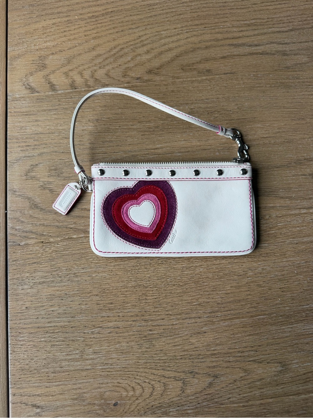 Coach White Leather Wristlet with Pink and Red Heart Applique
